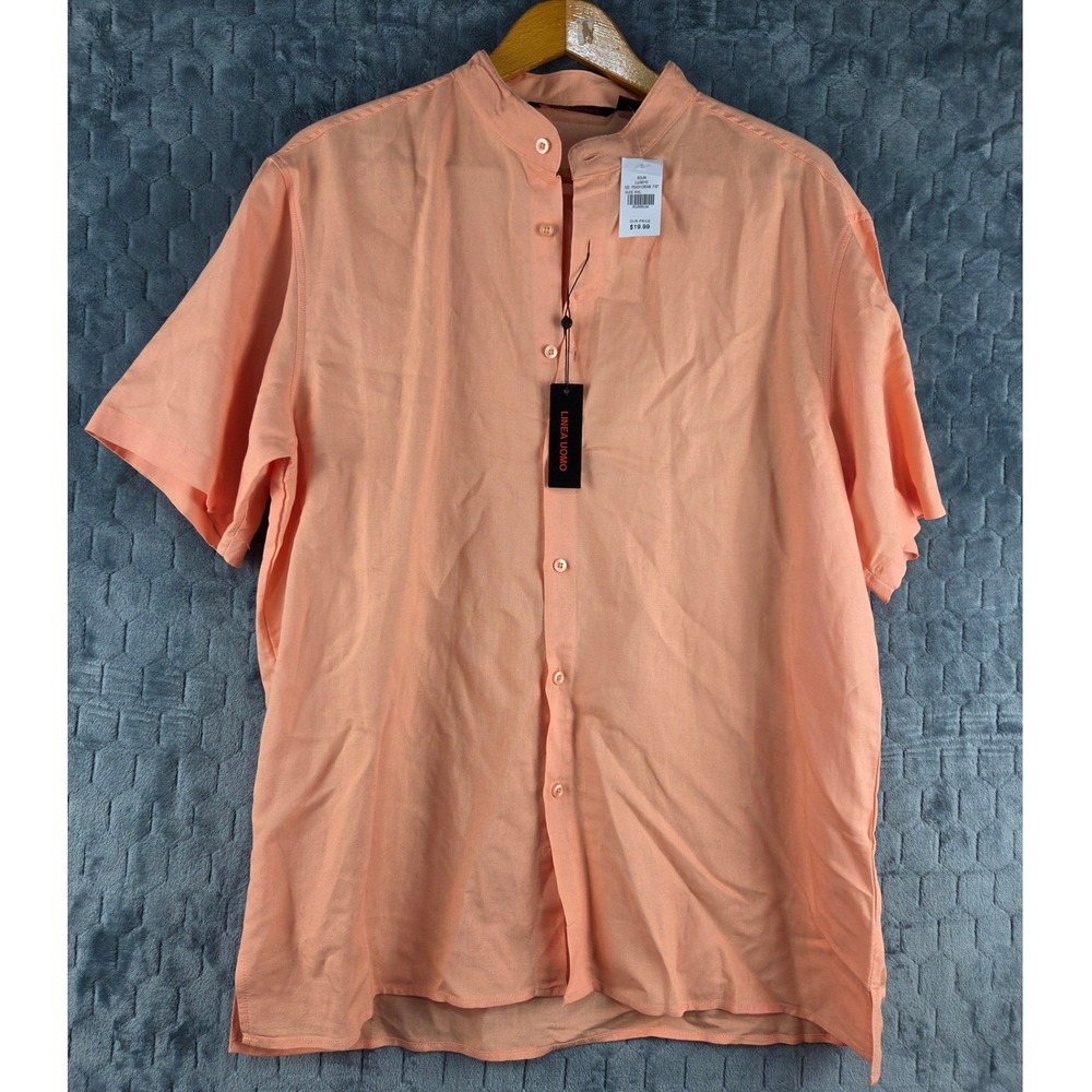 Linea Uomo Mens Peach Cream Linen Blend Mandarin Collar Short Sleeve Shirt XXL